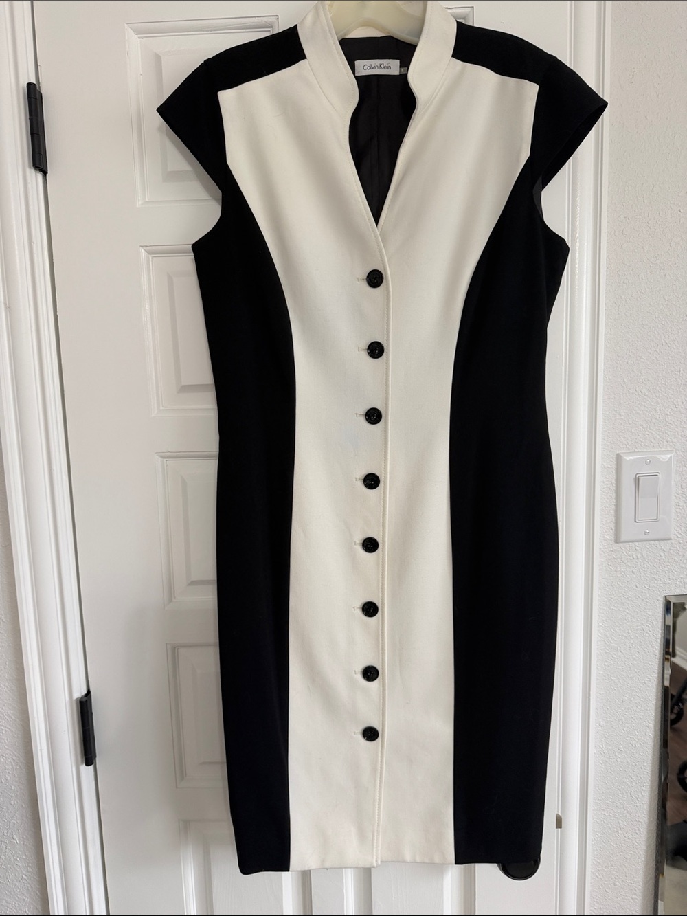 Calvin Klein Black and White Center-Button Sheath Midi Dress